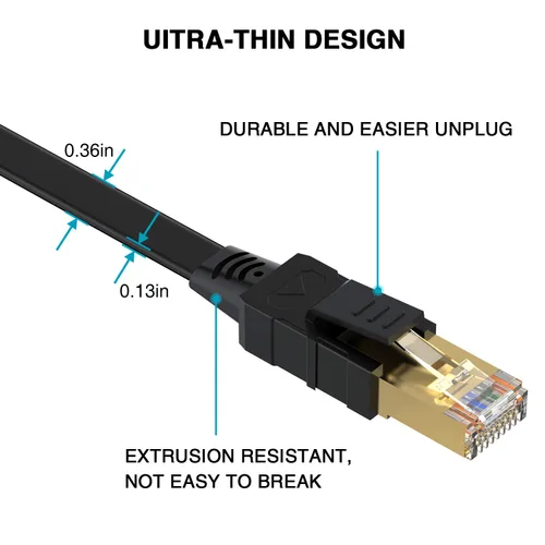 Miniatura 4 de Cable Ethernet Cat 8 de 50 pies, cable de conexión LAN de Internet plano blindado negro de alta velocidad, 26AWG 40Gbps 2000Mhz SFTP con chapado