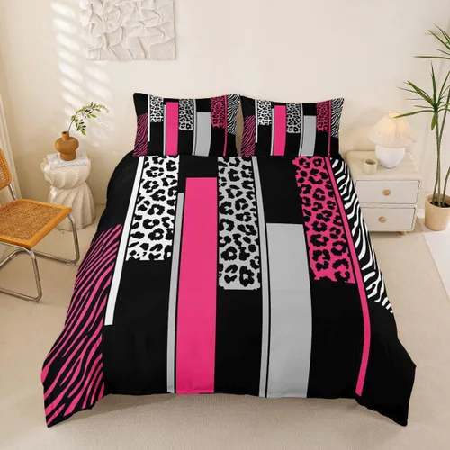 Miniatura 10 de Juego de ropa de cama con estampado de cebra de leopardo, tamaño Queen, para niños, color verde azulado, blanco, negro, juego de funda de edredón