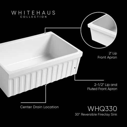 Miniatura 5 de Whitehaus WHQ330-WH Farmhaus Quatro Alcove - Fregadero reversible de arcilla refractaria de 30 pulgadas con delantal estriado, color blanco