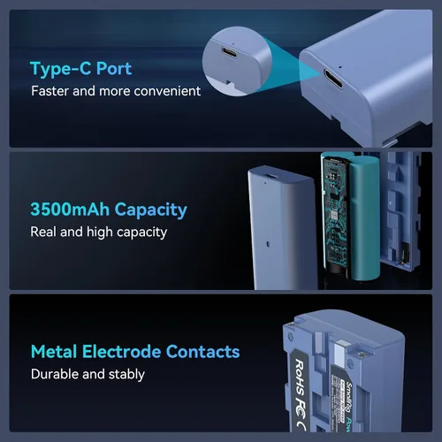 Miniatura 5 de SMALLRIG Batería USB-C de repuesto de 3500 mAh para Sony NP-F550, 3H completamente cargada, fuente de alimentación para luces LED, monitores, Azul