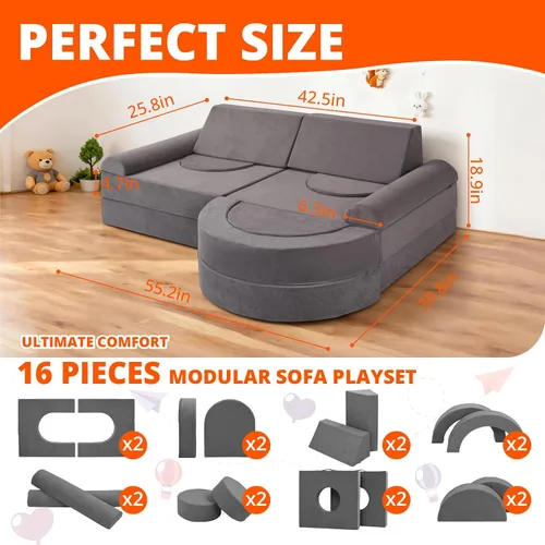 Miniatura 2 de Fvkind Sofá modular de juego para niños, 16 piezas, sofá de construcción para sala de juegos y dormitorio, sofá modular de juegos para niños y gris