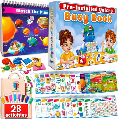 Curious 2 Learn Busy Book para niños pequeños de 3 a 5 años – Actividades de aprendizaje preescolar Montessori, juguete sensorial de velcro,