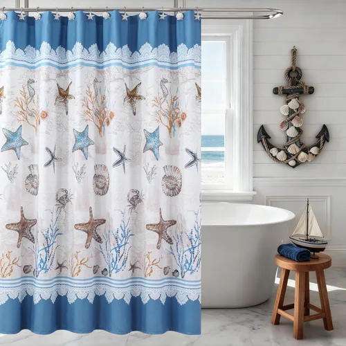 Miniatura 10 de Cortina de ducha náutica azul aviación, cortina de ducha de tela, cortinas de ducha azul marino para baño, cortinas de baño impresas, cortinas