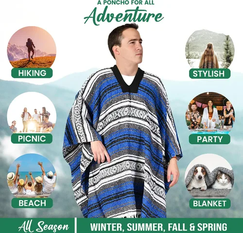 Miniatura 50 de Artisans Bazaar Poncho tradicional mexicano de Baja para hombres y mujeres, auténtico sarape de Gaban, manta de vaquero Pancho Jorongo