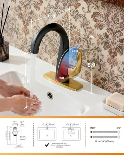 Miniatura 7 de WOWOW Grifo de Baño de Una Sola Manija 1 Agujero Grifo de Lavabo de Arco Alto en Negro y Oro con Drenaje Emergente, Grifo de Baño de Latón Sólido