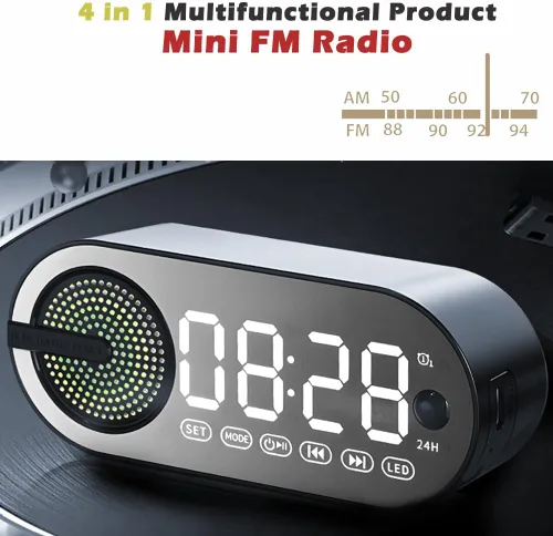 Miniatura 4 de IHAO Altavoces Bluetooth inalámbricos portátiles 4 en 1 Caja de sonido multifuncional Reloj despertador Mini Radio FM Espejo 4 horas de tiempo