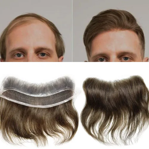 Peluca frontal de encaje francés para hombre para línea capilar en forma de V, piel fina de poliéster y poliuretano, sistema de cabello humano