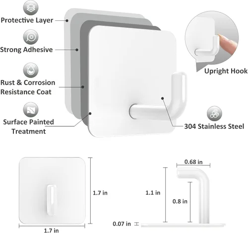 Miniatura 3 de VIS'V Ganchos adhesivos, ganchos de pared de ducha de metal, impermeables, 2 tiras adhesivas adicionales, color blanco, 4