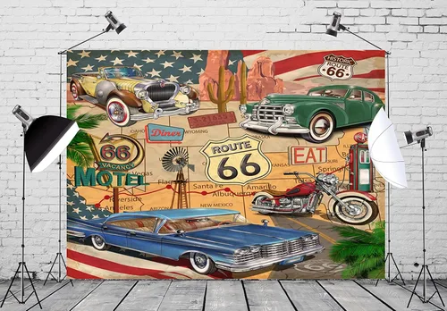 Miniatura 3 de BELECO Telón de fondo de tela de 7 x 5 pies con temática de Ruta 66 con temática de cómic, mapa de ruta retro, motel, motocicleta, autos clásicos