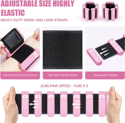 Miniatura 5 de Juego de 2 pesas para muñeca y tobillo (1 libra cada una), pulseras ajustables de silicona con peso para mujeres y hombres, pesas para brazos y Rosa