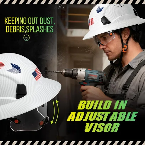 Miniatura 3 de Casco duro de ala completa con patrón de fibra de carbono con visera, casco de seguridad de construcción aprobado por la OSHA para hombres y Fibra