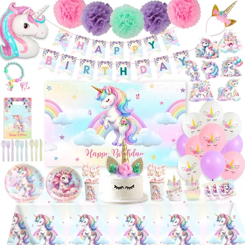 191 piezas de decoraciones de cumpleaños de unicornio para niñas – Kit completo de decoración de fiesta de unicornio con telón de fondo, pancarta,