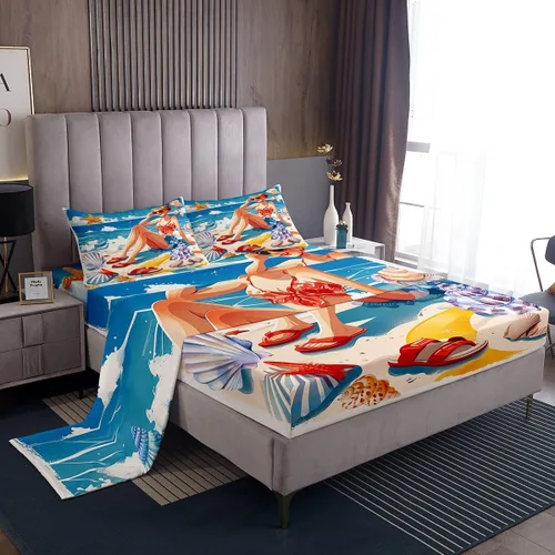 Miniatura 23 de Juego de sábanas de 3 piezas con diseño de playa oceánica, diseño de árbol de coco tropical, para decoración de habitación de niños, niñas, niños