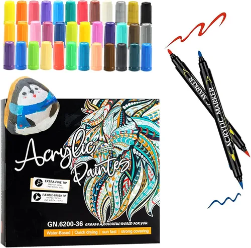 Miniatura 8 de 24 bolígrafos de pintura acrílica de doble punta con punta de pincel y marcador de pintura de punta fina GN6800 a base de agua para pintura