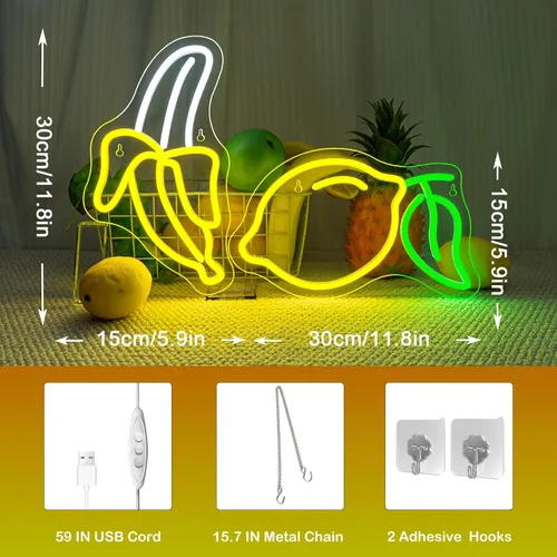 Miniatura 4 de Juego de 2 letreros de neón de plátano y limón (1 luz de plátano + 1 luz de limón) Luces de neón de frutas para decoración de pared, habitación