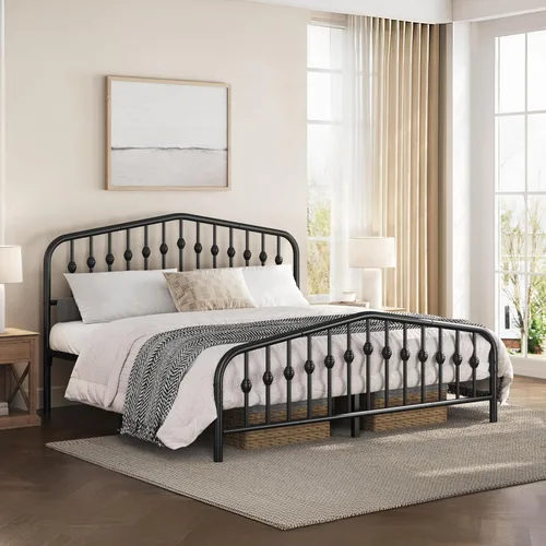 Miniatura 3 de Yaheetech Base de cama King con plataforma y cabecero victoriano, capacidad de 800 libras, espacio debajo de la cama de 12.6 pulgadas, no necesita