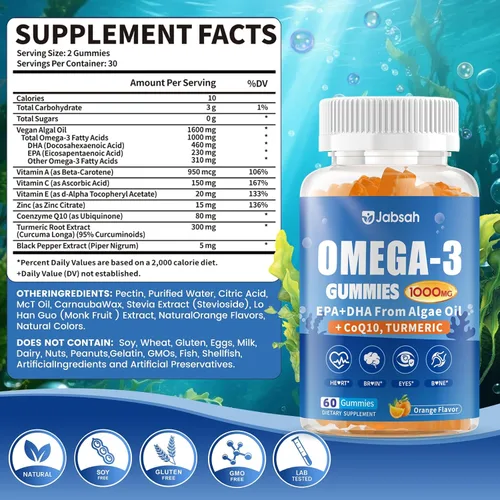 Miniatura 2 de Gomitas veganas Omega-3 de 1000 mg de aceite de algas (DHA 460 mg y EPA 230 mg), alternativa de aceite de pescado Omega 3 para adultos, más cúrcuma