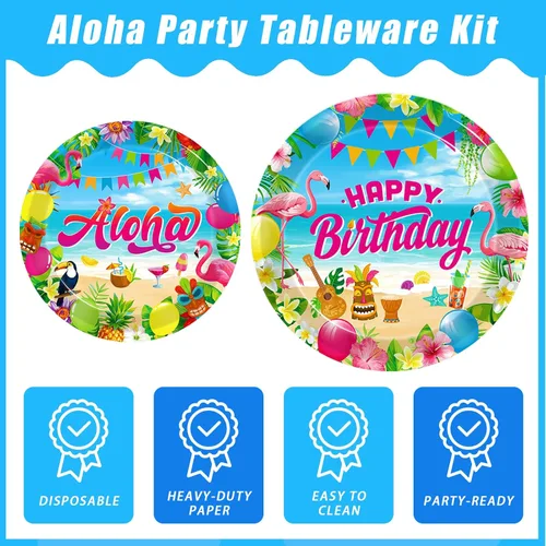 Miniatura 3 de Kepeel 96 piezas de suministros de decoración de fiesta hawaiana Aloha, platos de fiesta de cumpleaños tropicales Luau Tropical para verano, playa