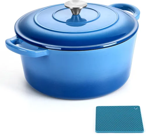 LIANYU Horno holandés de hierro fundido esmaltado con tapa, olla redonda resistente de 6 cuartos de galón con salvamanteles de silicona, utensilios