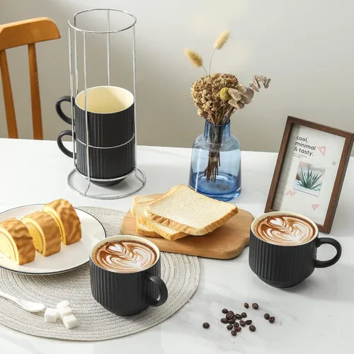 Miniatura 5 de HASENSE Juego de 4 tazas de café de cerámica con soporte, tazas grandes apilables para café con soporte de metal, aptas para lavavajillas y Negro