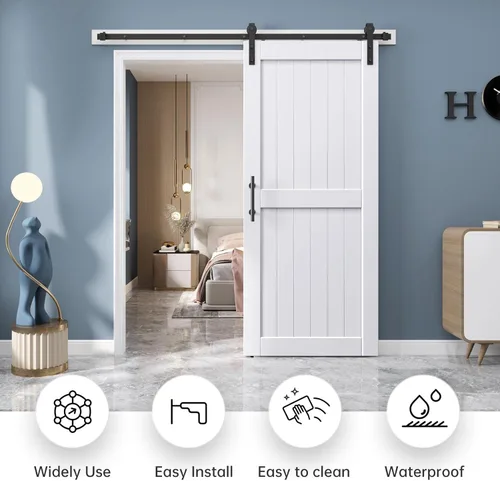 Miniatura 2 de Puerta de granero EaseLife de 36 x 84 pulgadas en blanco con kit de herrajes para puerta corredera de 6.6 pies incluido y manija, madera maciza