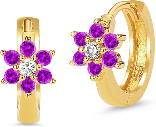 14k Gold Plated Brass Birth Month Cubic Zirconia Flower Baby Hoop Huggie Baby Girls Earrings
