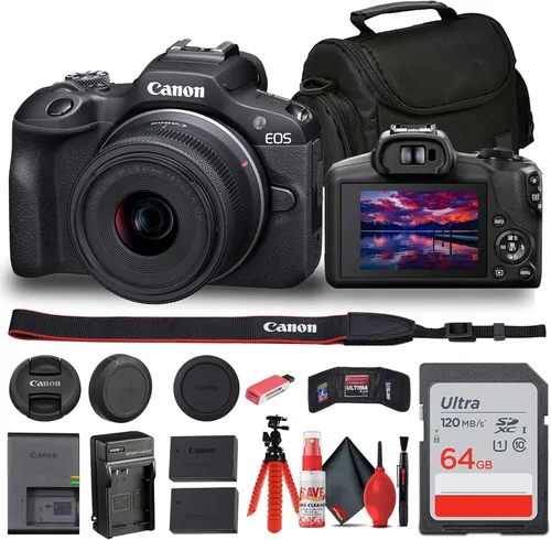 Canon Cámara sin espejo EOS R100 con lente de 0.709-1.772 in (6052C012) + bolsa + tarjeta de 64 GB + batería LPE17 + cargador + lector de tarjetas +