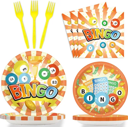 Wiooffen 96 piezas de suministros para fiesta de bingo para 24 invitados, juego de vajilla para fiesta de bingo, decoración para fiesta, bingo de