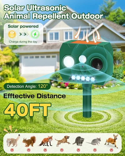 Miniatura 3 de Repelente solar ultrasónico de animales al aire libre, paquete de 2 repelentes de ciervos para exteriores con sensor de movimiento PIR y flash LED