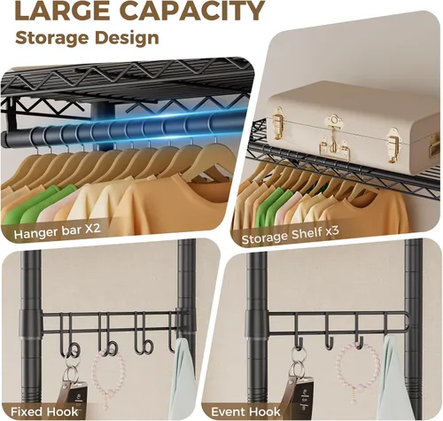Miniatura 7 de Estante para ropa resistente con ruedas enrollables, estante para prendas con 3 niveles ajustables de estanterías de alambre para colgar ropa