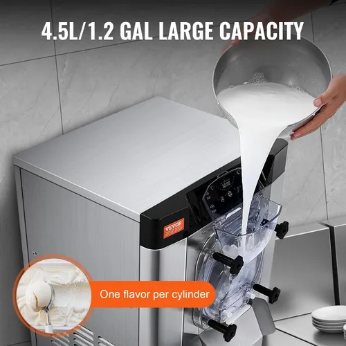 Miniatura 3 de VEVOR Máquina Comercial para Hacer Helados, Rendimiento de 12 L/H, 1713W Máquina para Helados Duros de Un Solo Sabor de Encimera, Cilindro de Acero