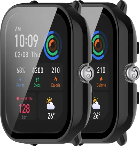 Paquete de 2 protectores de pantalla compatibles con Amazfit GTS 4 Mini, pantalla de vidrio templado + fundas protectoras de policarbonato mate para