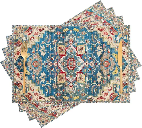 Miniatura 11 de Juego de 4 manteles individuales color azul bohemio para interiores, tela de lino étnica, lavables, resistentes al calor, para mesas de cocina