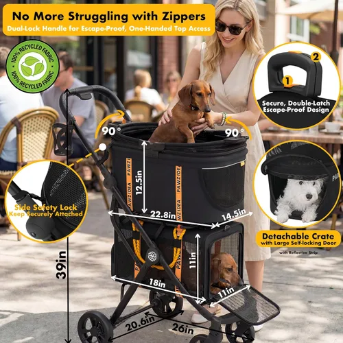 Miniatura 3 de PAWZIDEA Carriola doble para mascotas con 2 portamascotas desmontables, jaula portátil para perros para viajes en automóvil y porta gatos expandible