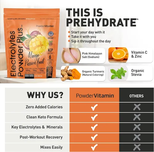 Miniatura 6 de PowderVitamin Electrolytes Powder Plus, polvo de hidratación sin azúcar, 1000 mg de potasio, 120 mg de magnesio, 120 mg de calcio, sal del Himalaya