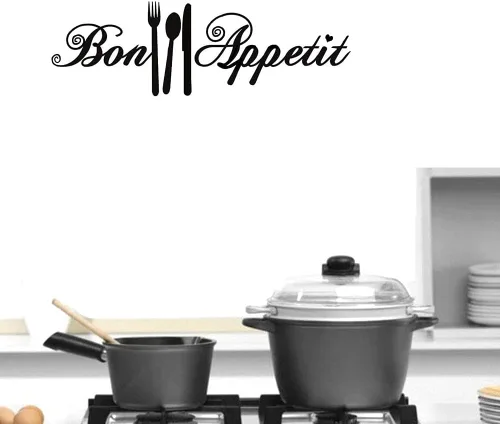 Bon Appetit - Calcomanías de vinilo para cocina, azulejo, tenedor, cuchara, adhesivo de vinilo para cafetería, cafetería, tienda, restaurante, sala