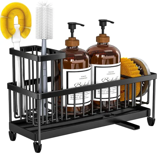 Miniatura 8 de Cisily Soporte de esponja negro extra grande para fregadero de cocina, organizador de fregadero con soporte alto para cepillos, organizadores