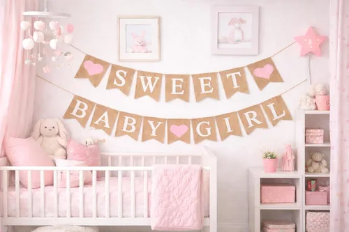 Miniatura 7 de Cartel de arpillera "Sweet Baby Girl" – Rústico "Dulce" y "Baby Girl" en banderas de arpillera natural (aprox. 5 x 7 pulgadas) Decoración de fiesta