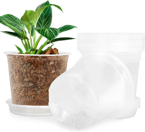 FUIJOL Macetas transparentes de 4 pulgadas para plantas con platillos, paquete de 15, macetas de plástico con agujeros de drenaje, paquete variado