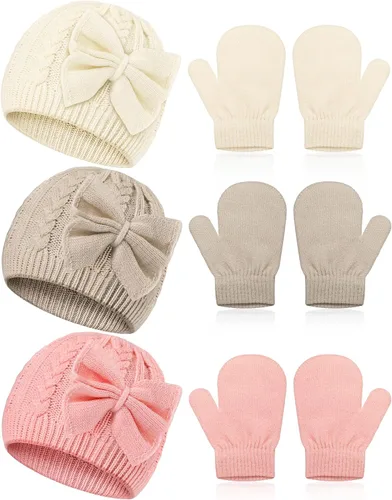 Miniatura 29 de SATINIOR 3 Set Toddler Hat Glove Set, Kids Winter Hats Warm Knitted Beanie Mittens Gloves with Bow for Baby Girls Boys 0-6Y