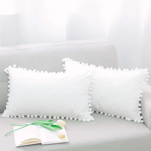 Miniatura 13 de Juego de 2 fundas para cojines decorativos de terciopelo sólido suave con borde de pompones