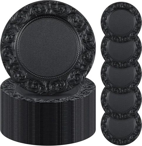 Miniatura 9 de Uiifan 24 Piezas Platos Base Antiguos a Granel 13'' Platos de Plástico en Relieve para Cena Platos Base Redondos Florales para Boda Cargadores Dorado