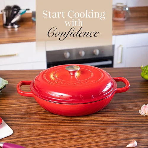 Miniatura 2 de Cacerola poco profunda de hierro fundido con tapa – Olla de horno holandés antiadherente, apta para horno hasta 500° F – Ollas de cocina resistentes
