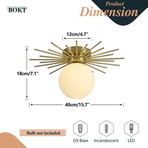 Miniatura 2 de BOKT Moderna lámpara de techo semiempotrada dorada de mediados de siglo con globo de vidrio blanco, lámpara de techo industrial cerca del techo