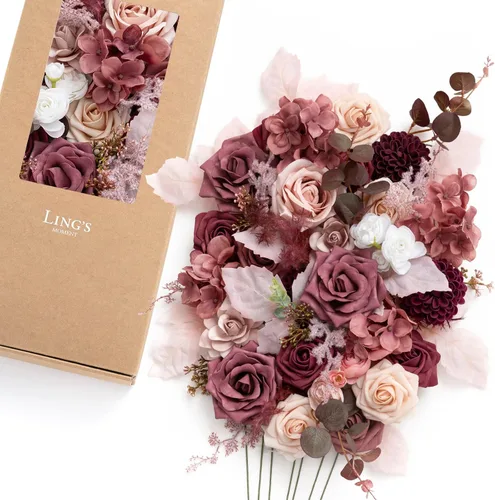 Ling's moment Caja de Flores Falsas, Tallos de Vegetación Artificial Falsa, Rosas de Espuma, Gardenias, Hortensias de Seda, Ranúnculos, Flor de Tela