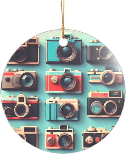 Retro Cool Camera Collection Print Christmas Ornament 2025, Acrylic Santa Pendant Ornaments for Christmas Tree Decorative Baubles Round Shape