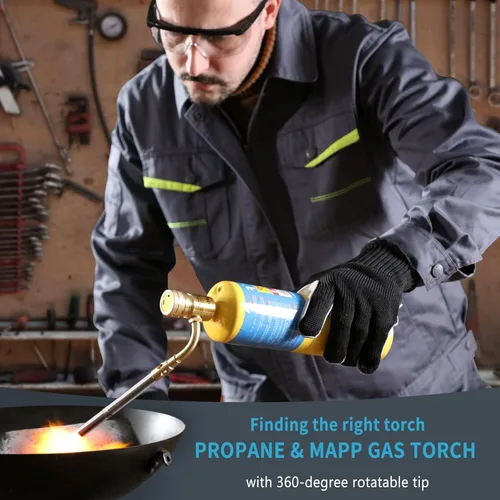 Miniatura 5 de Cabezal de Antorcha de Gas Propano Mapp Boquilla Giratoria 360°, Antorcha de Plomería Calor Ajustable Alimentada por Cartuchos de Propano Mapp Dorado