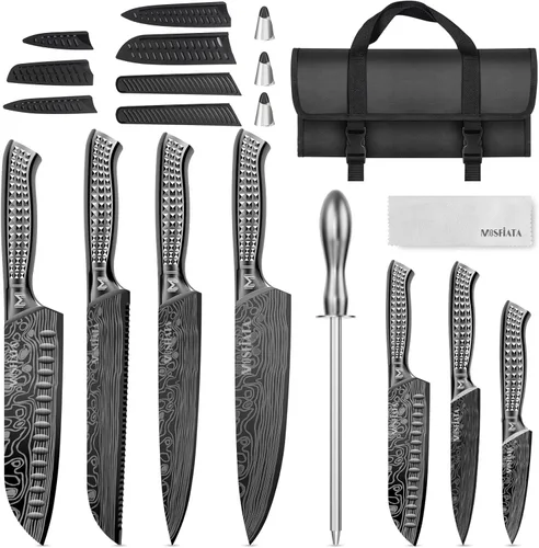 Miniatura 14 de MOSFiATA Juego de 6 cuchillos, juego de cuchillos japoneses de acero inoxidable para cocina con bolsa de almacenamiento de tela Oxford, apto
