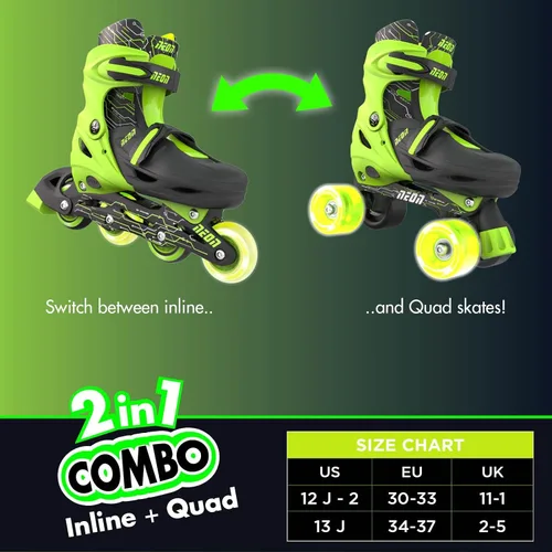 Miniatura 6 de Yvolution Patines combinados de neón, patines 2-1 cuádruple y en línea para niños con ruedas LED, tamaño ajustable (verde, 12-2)