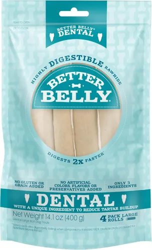 Better Belly Masticables dentales de cuero crudo altamente digeribles, trata a tu perro con un masticable sin colores ni sabores artificiales, 4